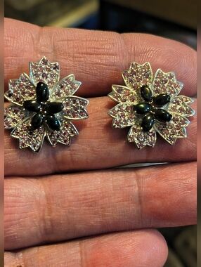 Stunning Sterling Black Opal, & Orange Sapphire Flower Stud Earrings Signed 925